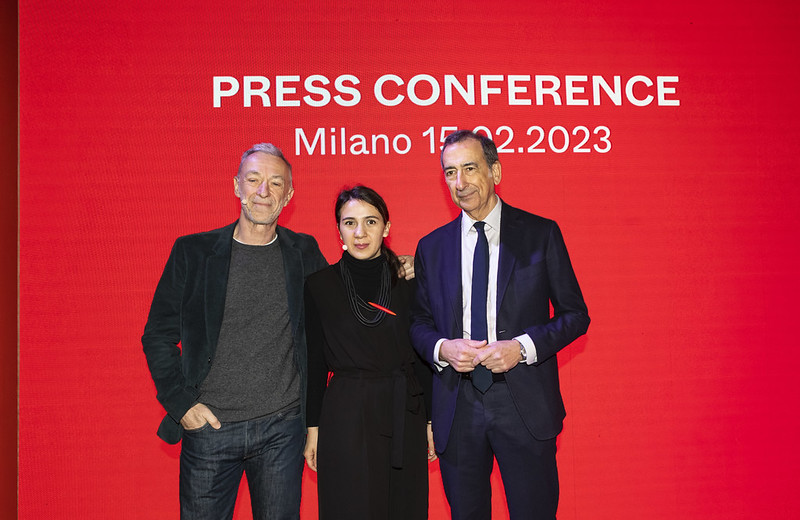 Maria Porro, Presidente del Salone del Mobile.Milano, con il sindaco di Milano Beppe Sala e il conduttore Linus. Ph Credit: Andrea Mariani